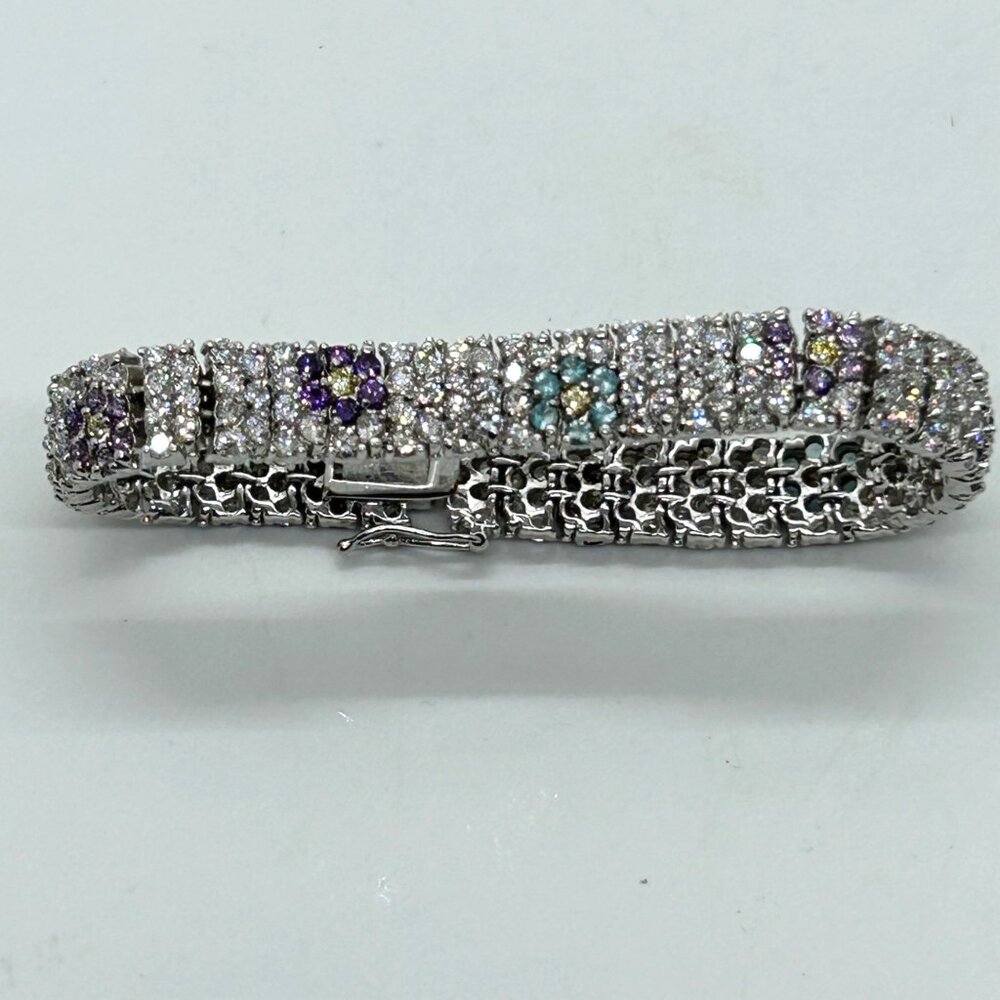 Vintage Rhinestone Tennis Bracelet Multicolor Flower Design W/ Safety Clasp 7.5" - Picture 2 of 16